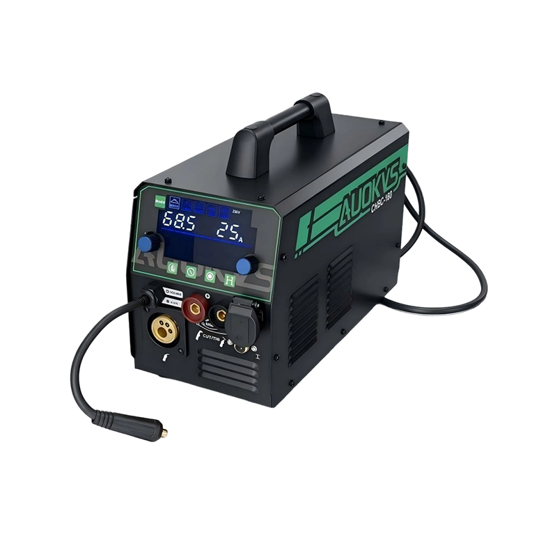 Black AUOKVS portable arc welder with digital display, control knobs, and connected welding cable.