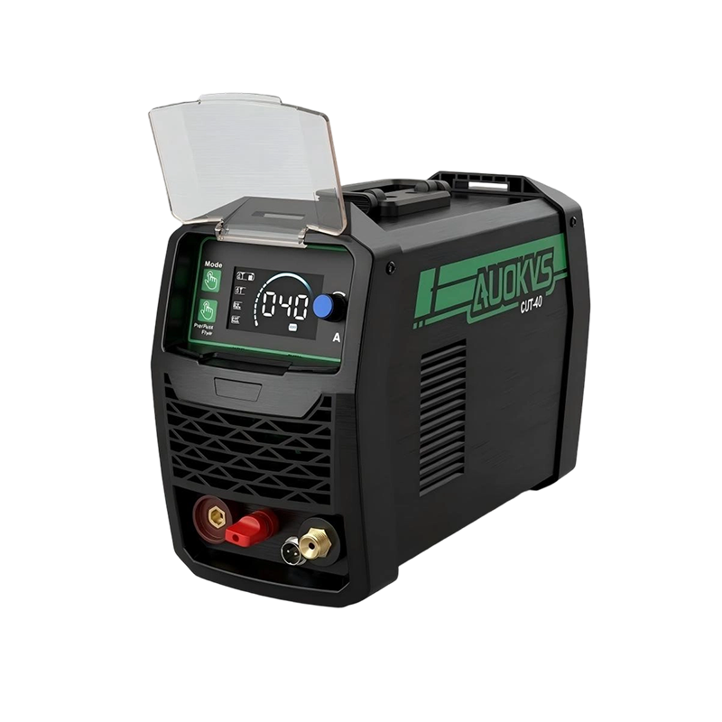 Black AUOKVS CUT-40 plasma cutter with open protective cover, digital display, and multiple output ports on the front panel.
