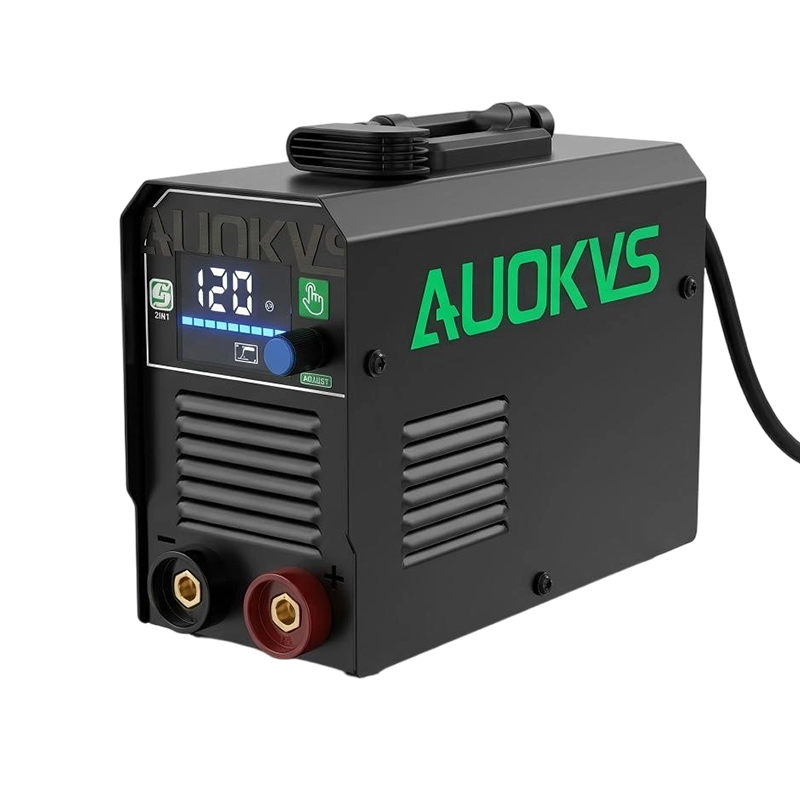 Black AUOKVS welding machine featuring a digital screen, adjustment knob, and front panel connectors.