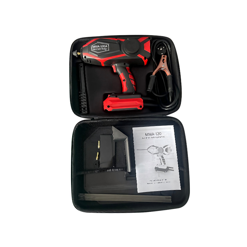Open black package containing a red handheld arc welder, battery, welding accessories, electrodes, and instruction manual.