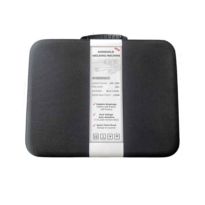 Back view of the black handheld welder carrying case displaying detailed product specifications, features, and technical information on the label.
