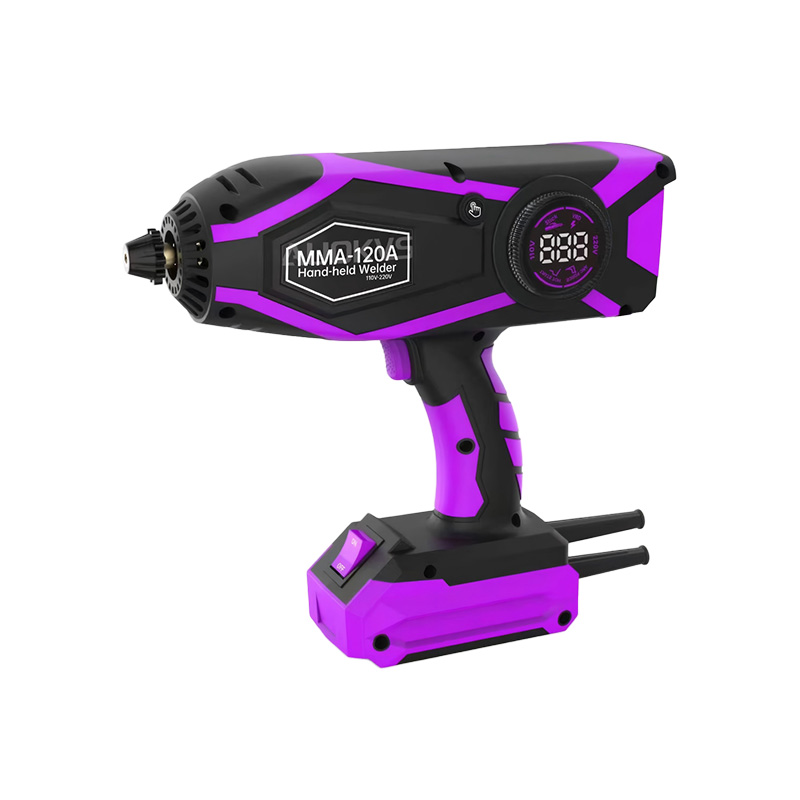 purple and black cordless MMA-120A handheld welder featuring a digital LED display, power switch, and ergonomic pistol grip design.