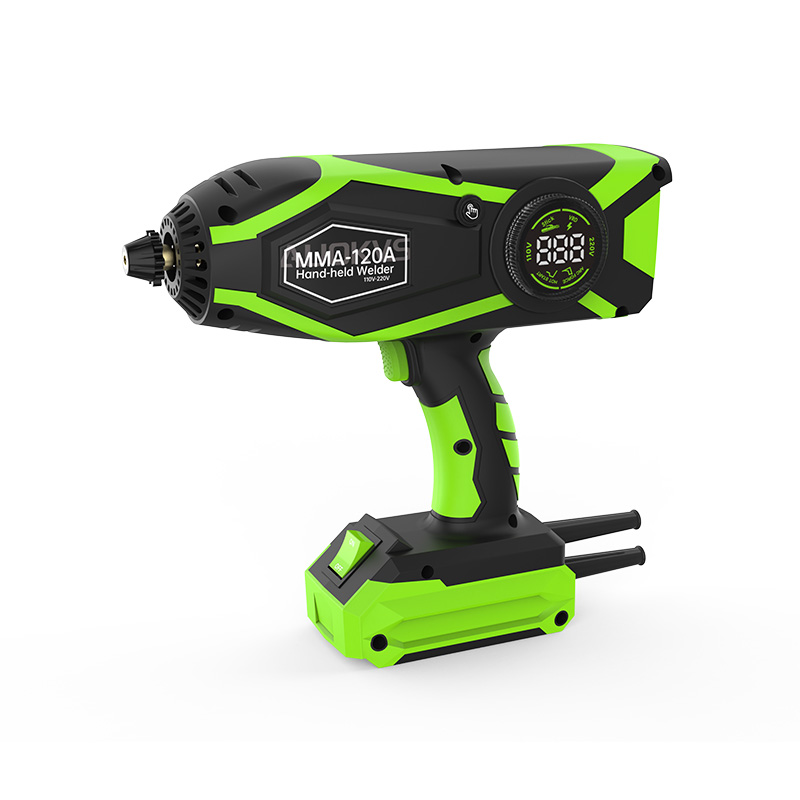 Green and black cordless MMA-120A handheld welder featuring a digital LED display, power switch, and ergonomic pistol grip design.