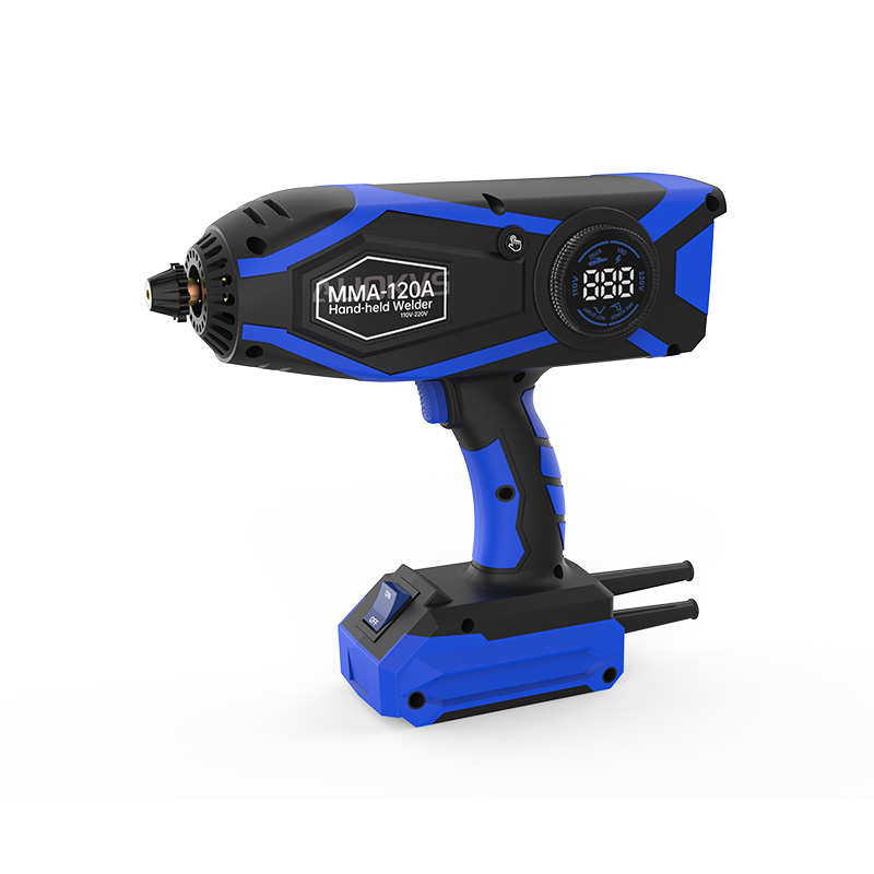 blue and black cordless MMA-120A handheld welder featuring a digital LED display, power switch, and ergonomic pistol grip design.