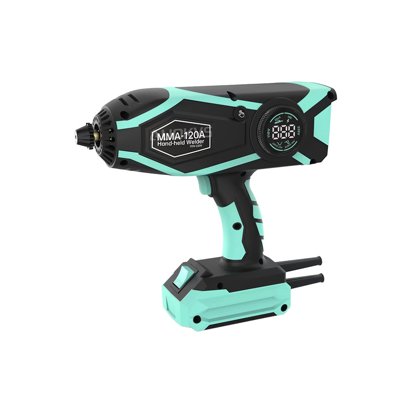 Sky blue and black cordless MMA-120A handheld welder featuring a digital LED display, power switch, and ergonomic pistol grip design.