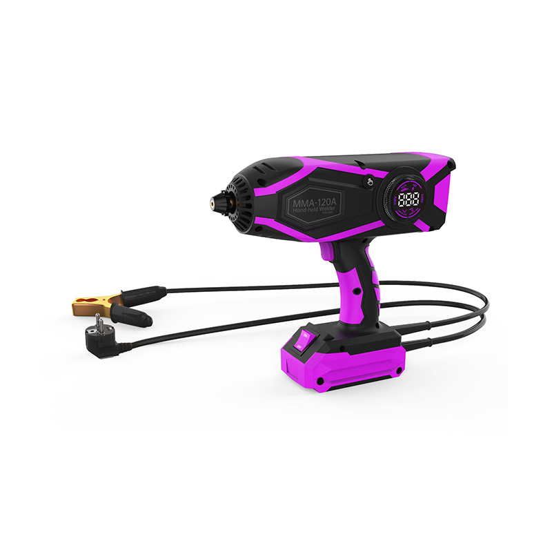 purple and black handheld arc welder with battery base, extended welding electrode, and ground clamp cable.